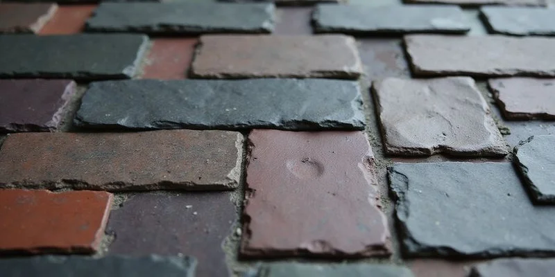 Natural slate tiles in varying shades of gray and green arranged on a roof