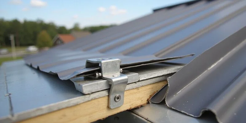 Diagram showing concealed clip attachment on standing seam metal roof panel