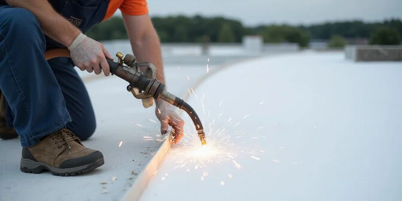 White TPO membrane being heat-welded on a commercial flat roof