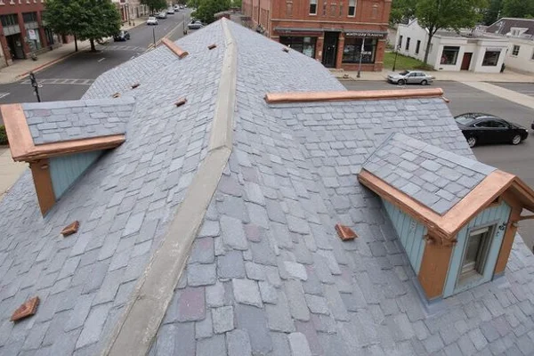 Historic slate roof restoration on Main Street Professional Plaza