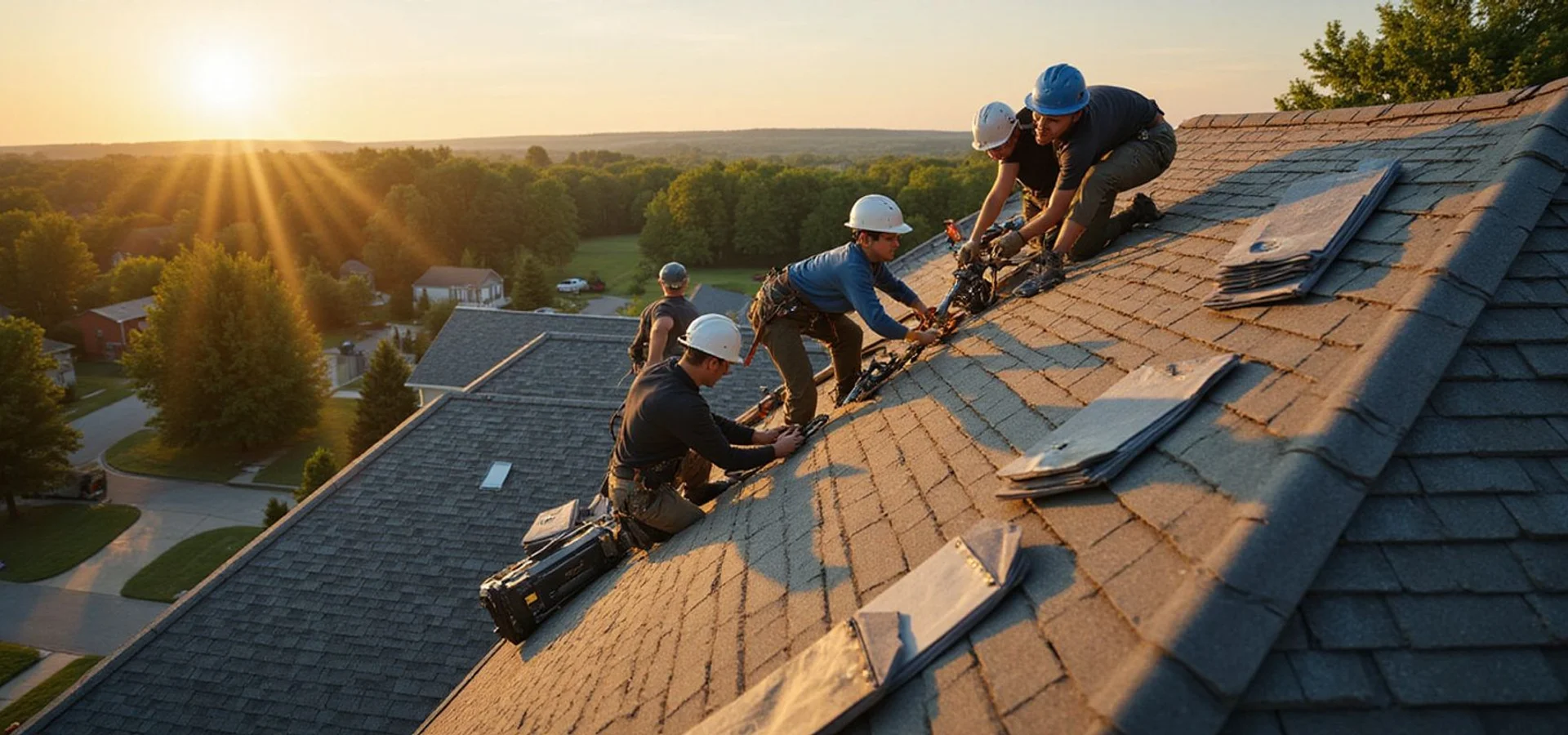 Professional roofing team working on a residential home in Lancaster, Ohio